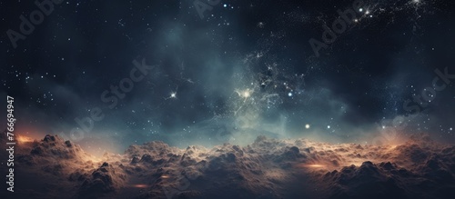The atmosphere was filled with cumulus clouds obscuring the astronomical objects in the night sky, creating a beautiful atmospheric phenomenon with stars peeking through