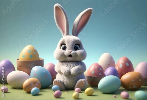 Happy Bunny with many Easter eggs Festive background for decorative design