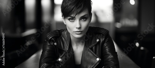 A monochrome image of a woman in a black leather jacket, with a captivating smile and intense eyes. The flash photography highlights the stylish sleeve and jawline