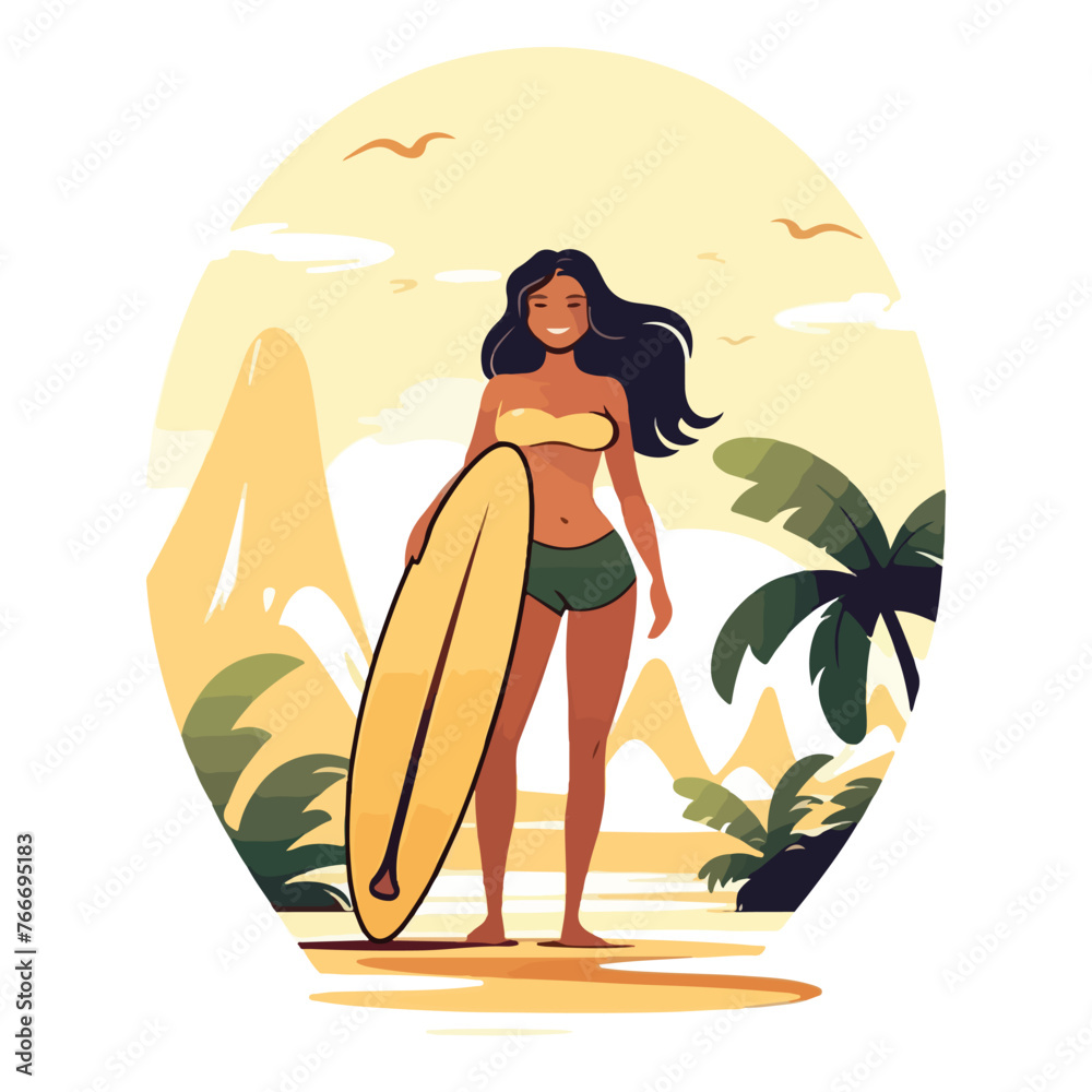 Young girl with surfing board. Woman in a bikini is