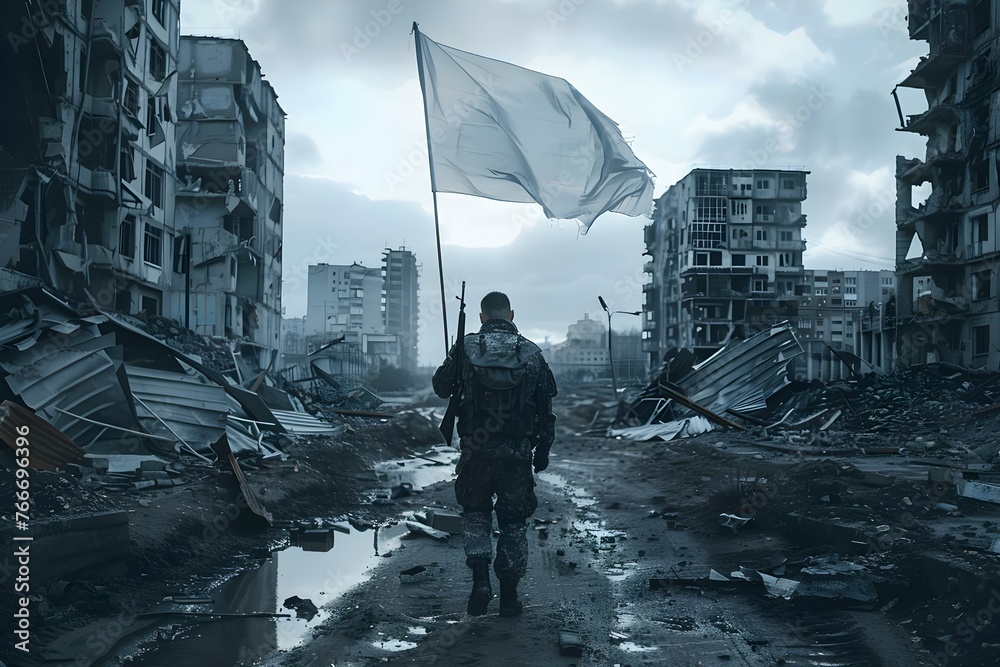 Minimalist Music: Military Man with White Flag in Destroyed City. Concept War and Peace, Surrender, Conflict Resolution, Emotional Recovery, Music and Unity - obrazy, fototapety, plakaty 