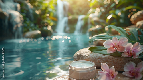 Glass cosmetic jar with skin face care moisturizer cream with rain on waterfall water surface background  orchids lying near  eco beauty treatment.  Natural cosmetic concept