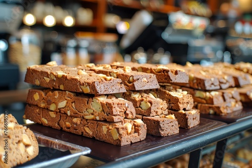 Freshly Baked Assorted Almond Biscotti in a Row on Display at a Coffee Shop with Blurred Background © pisan