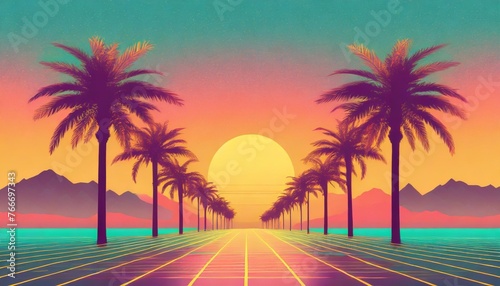 vaporwave synthwave retro style neon landscape background with palms sunset