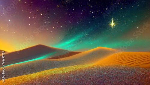 colorful neon iridescent desert sand space and stars abstract background in a dark moonlit scene