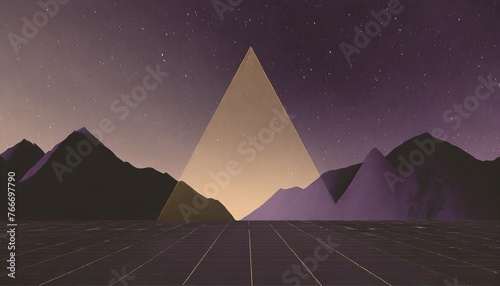 80s style sci fi black starry sky background behind purple mountains and triangle in the middle of illustration futuristic poster template