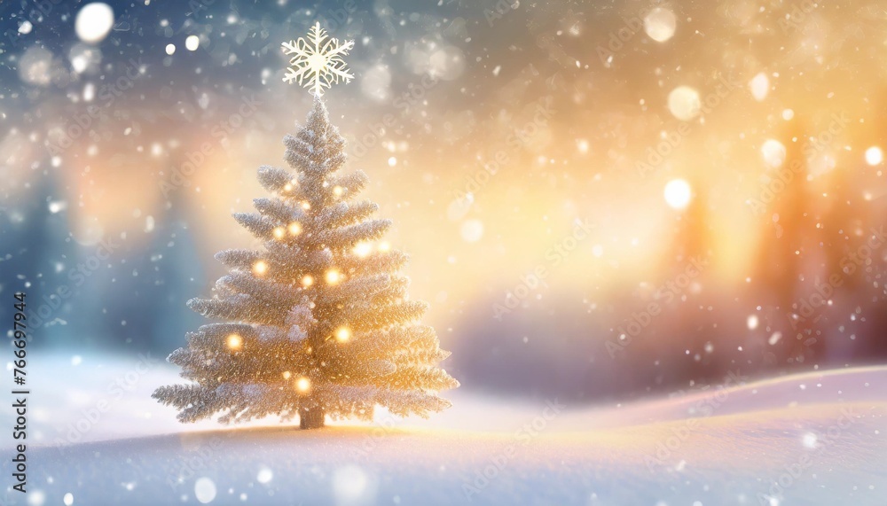 abstract winter background featuring a blurred christmas tree in a snowy landscape with a snowflake as a symbol of christmas