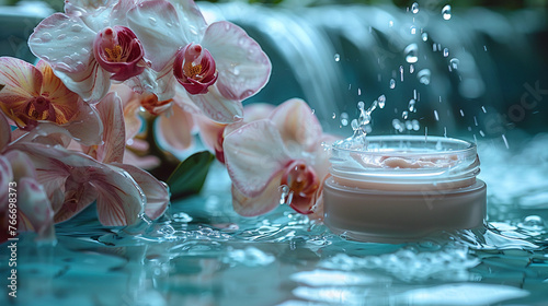 Glass cosmetic jar with skin face care moisturizer cream with rain on waterfall water surface background, orchids lying near, eco beauty treatment.  Natural cosmetic concept