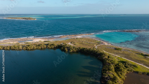 Beautiful virgin islands with crystal clear waters in the Caribbean Sea drone shots. Los Roques Venezuela, Cayo Francisqui