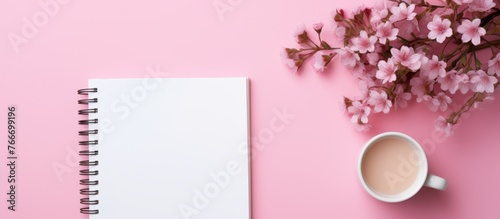 A violet cup of coffee sits next to a notebook on a pink tableware, with cherry blossoms adding a pop of color to the dishware background