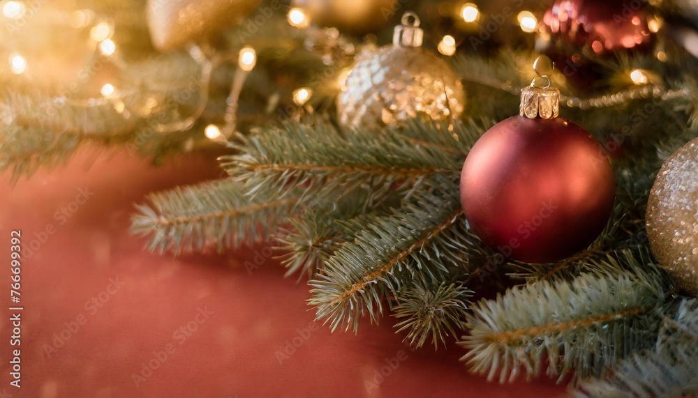 red background with christmas decorations of fir branches and christmas balls