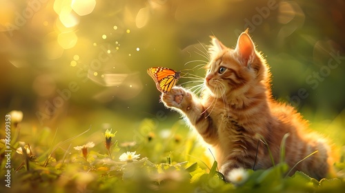 cat playing with butterfly photo