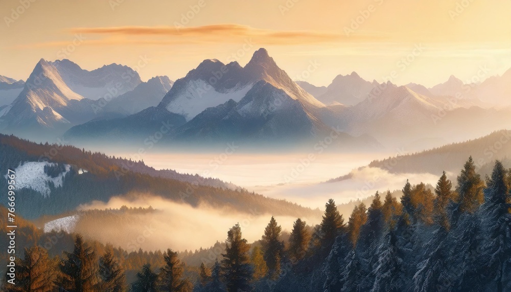 ai generated generative mist magic snowy mountain range with forest fog in the morning landscape background nature adventure hiking tour promotion