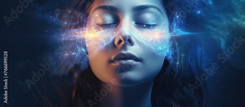 A peaceful woman standing with her eyes shut against a backdrop of a vast, twinkling galaxy in the night sky
