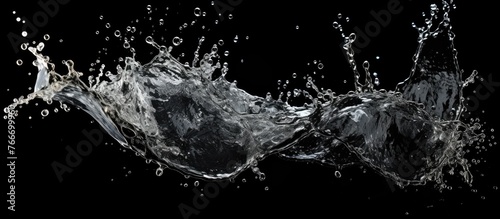 An extreme close up capturing the dynamic motion of a water splash against a striking black background
