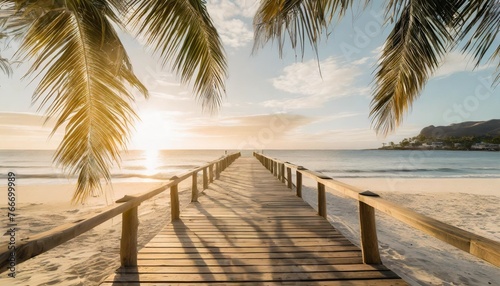 wooden boardwalk on beach with sunny sky and palm leaves abstract travel background