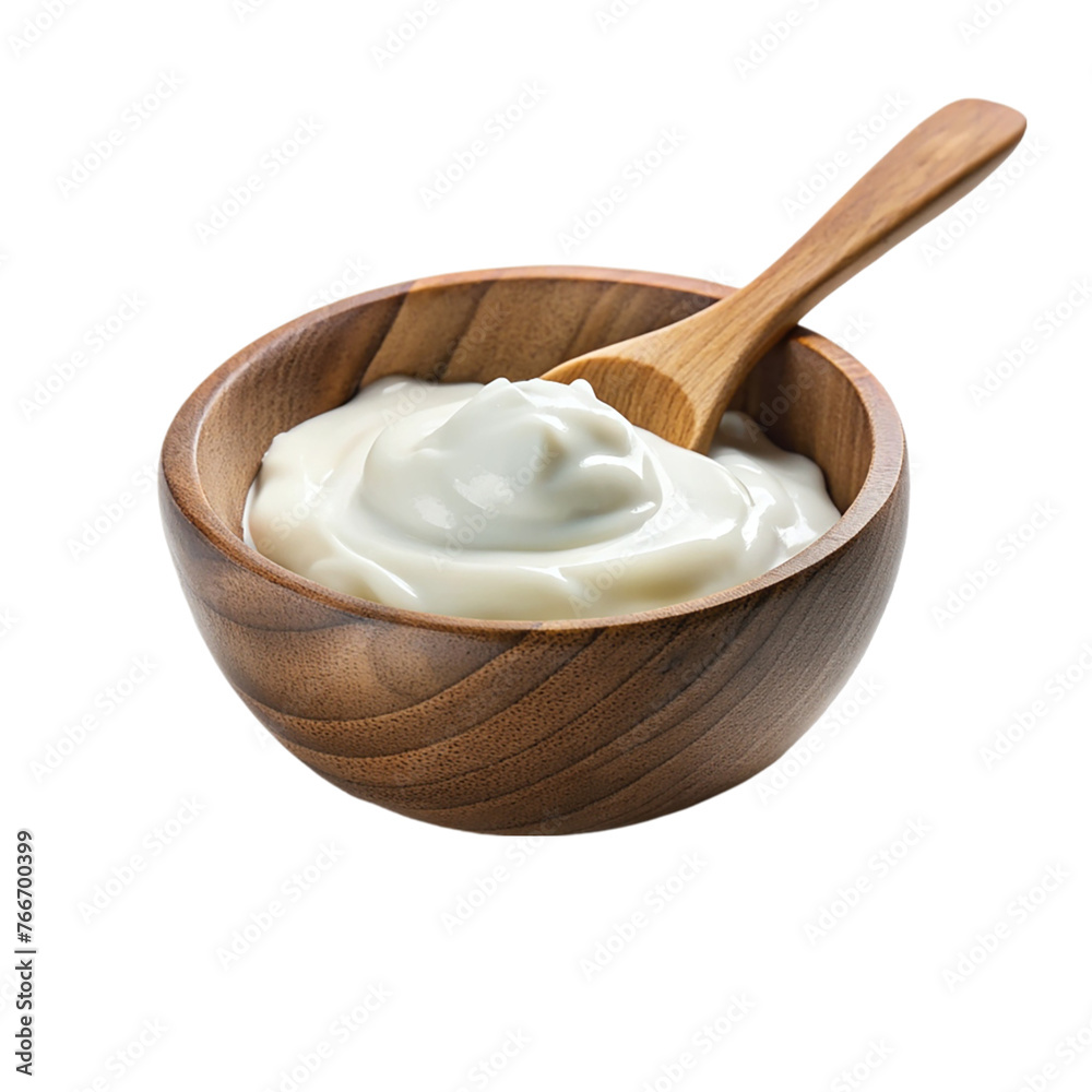 Sour cream in wooden bowl with spoon isolated on transparent background. Sour cream in wooden bowl with spoon isolated on transparent background.