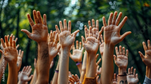A group of people raising their hands in the air, AI