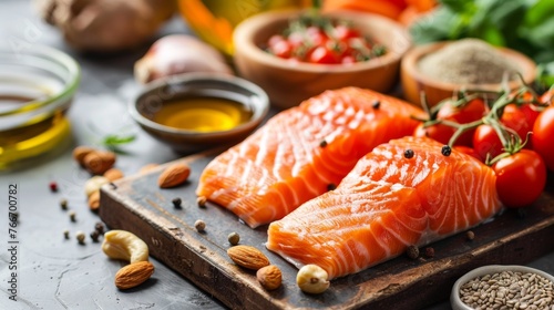 Salmon is on a cutting board with tomatoes, nuts and other ingredients, AI