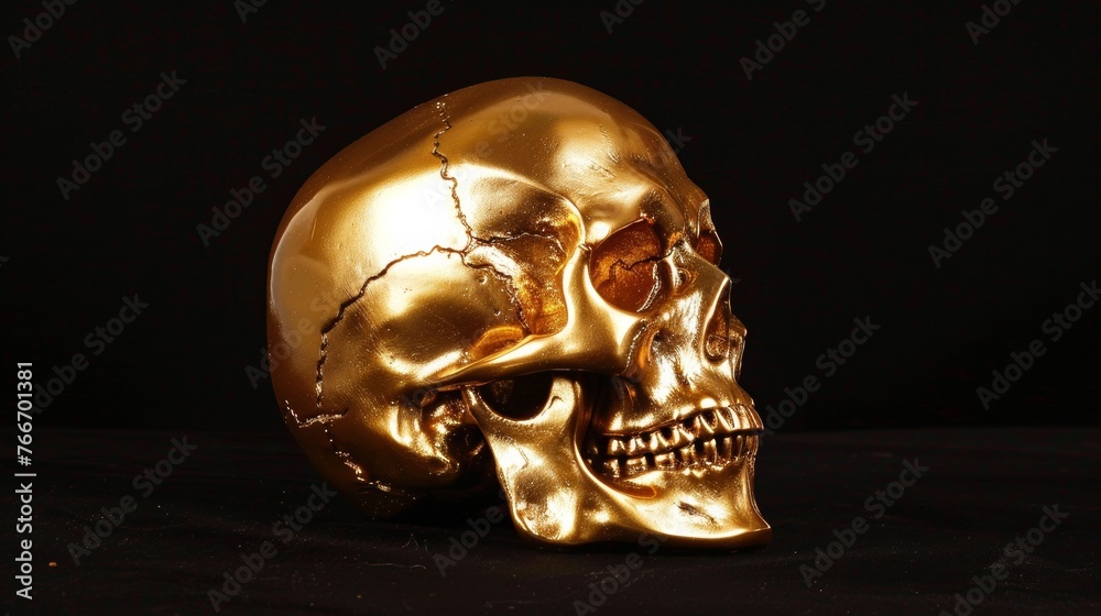 A golden skull sitting on a black background with no other objects, AI A golden skull sitting on a black background with no other objects, AI