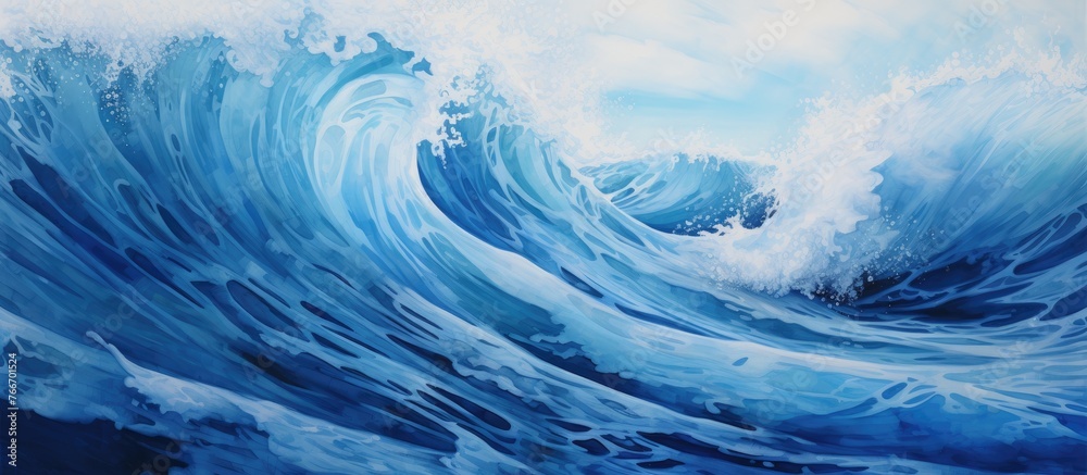 A powerful wave breaking in the vast expanse of the ocean, creating a mesmerizing sight with its blue water A powerful wave breaking in the vast expanse of the ocean, creating a mesmerizing sight with its blue water
