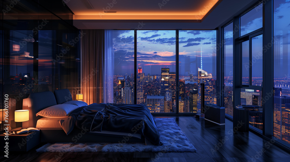 Penthouse Bedroom: Nighttime City View, Dark & Luxurious
Penthouse Bedroom: Nighttime City View, Dark & Luxurious