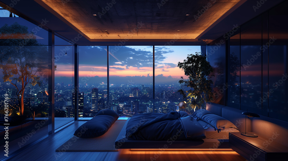 Fototapeta premium Spectacular City Scene from the Penthouse Bedroom