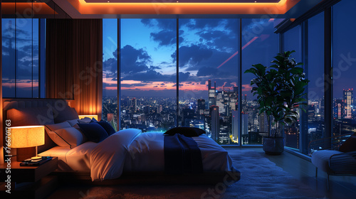 Gloomy Penthouse Interior: Luxurious Bedroom with Cityscape 