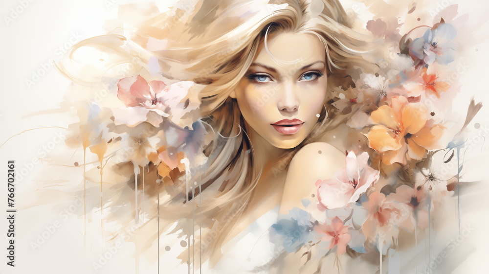 Stunning digital art portrait of a lady with blooming flowers, vibrant color splashes on a light background. Ideal for beauty and nature-themed design. Stunning digital art portrait of a lady with blooming flowers, vibrant color splashes on a light background. Ideal for beauty and nature-themed design.
