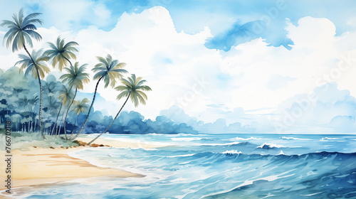 Watercolor tropical beach scene with palm trees and ocean waves  calming and picturesque  suitable for travel-themed decor and summer illustrations.