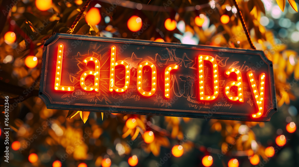 A weathered sign, adorned with messages of wisdom, hangs from the side of a majestic tree swaying gently in the Labor Day breeze A weathered sign, adorned with messages of wisdom, hangs from the side of a majestic tree swaying gently in the Labor Day breeze