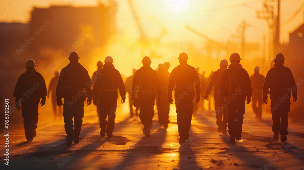 Fototapeta premium A diverse group of people, silhouetted against the setting sun, walk down a street lined with buildings. The warm glow of the sunset casts long shadows on the pavement