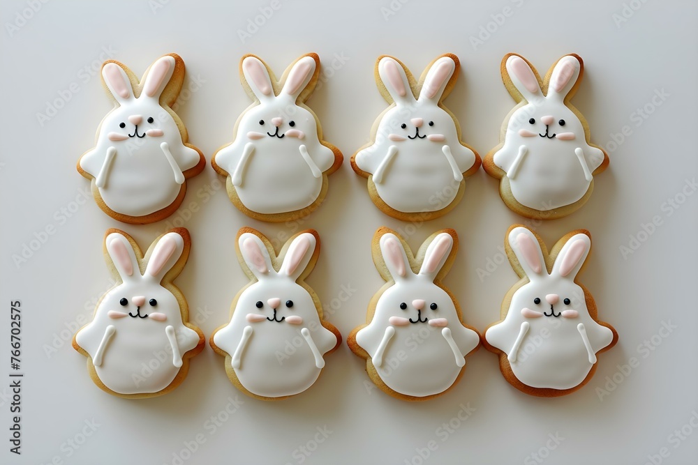Obraz premium Minimalist Easter Bunny Cookies on White Background with Centered Professional Photo and Copy Space. Concept Easter Bunny Cookies, Minimalist Style, White Background, Professional Photography