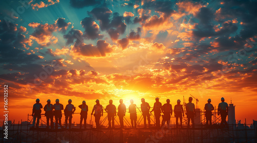 A diverse group of individuals stands together, their figures dark against the vibrant colors of a setting sun on Labor Day