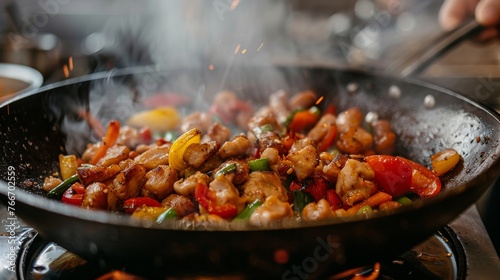 A close up of a wok filled with food being cooked, AI