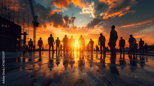 A diverse group of people of all ages and backgrounds stand together in front of a vibrant sunset, symbolizing unity, diversity, and harmony photo