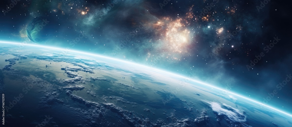 Obraz premium A breathtaking view of Earth from space, with a galaxy in the background. The natural landscape, clouds, and auroras create a stunning display of our worlds beauty