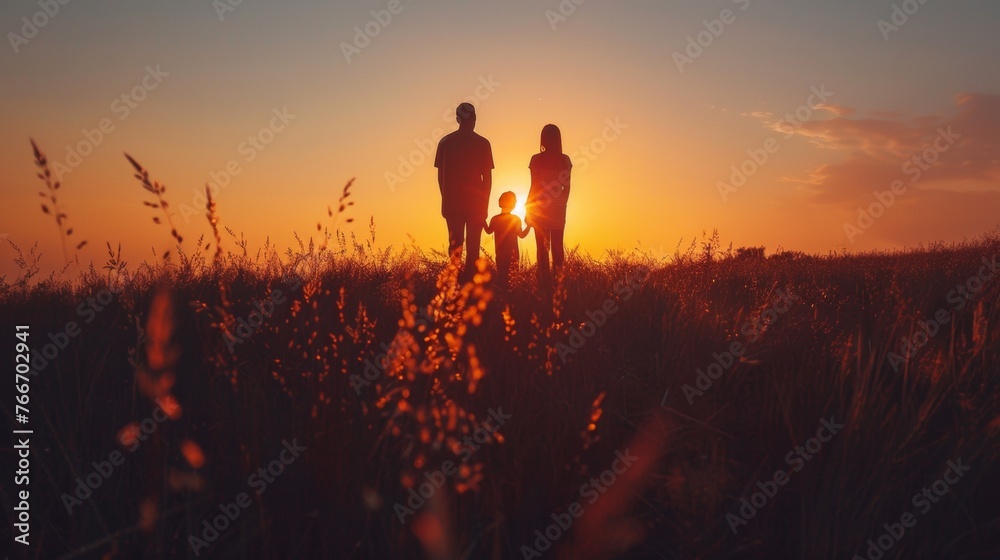 Fototapeta premium A couple of people standing in a field at sunset, AI