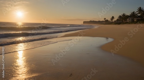 "Compose a photograph that captures the serene beauty of golden hour at a secluded beach, with the sun casting a warm glow over the sand and waves, creating a peaceful, contemplative mood."