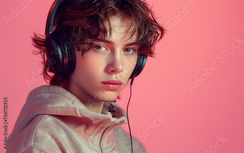 A young man is smiling and holding a cell phone while wearing headphones