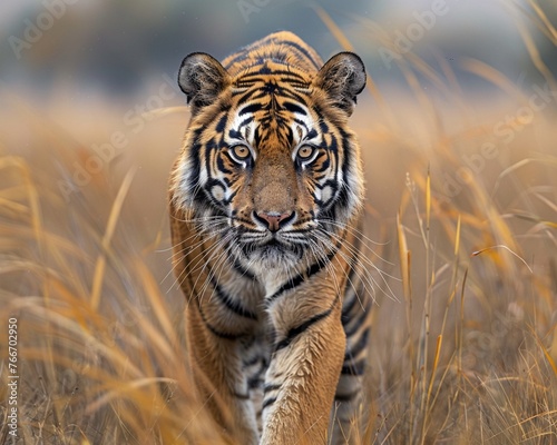 Silent Stalker Intimate closeup capturing the focused expression of a tiger, emphasizing the power and grace in its silent hunt , vibrant © NatthyDesign