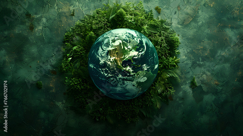 The Earth is encircled by greenery against a dark backdrop