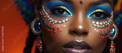 Intense close up view of a lady with striking and colorful makeup on her face