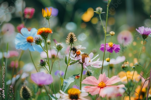 A bee pollinating colorful wildflowers in a meadow.