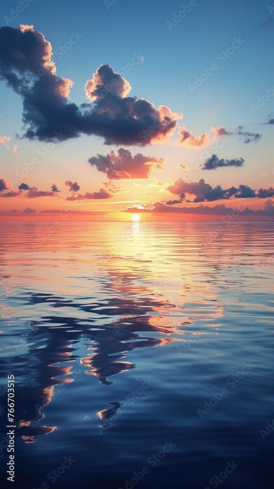 A sunset over the ocean with clouds in it, AI