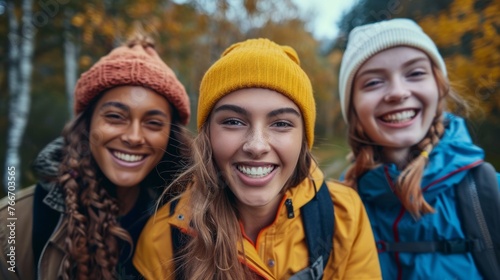 Three girls smiling and laughing while wearing hats in the woods  AI