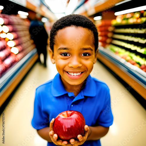 Young boy holding red apple in grocery store