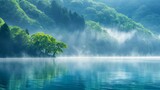 A misty forest with a lake in the background