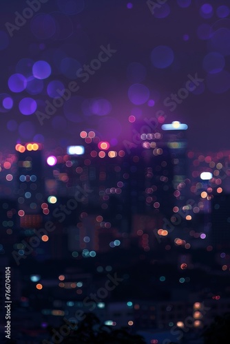 A city skyline is lit up with purple lights