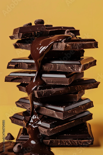 chocolate dripping on top of pile of chocolate bars, minimalistic, solid color background